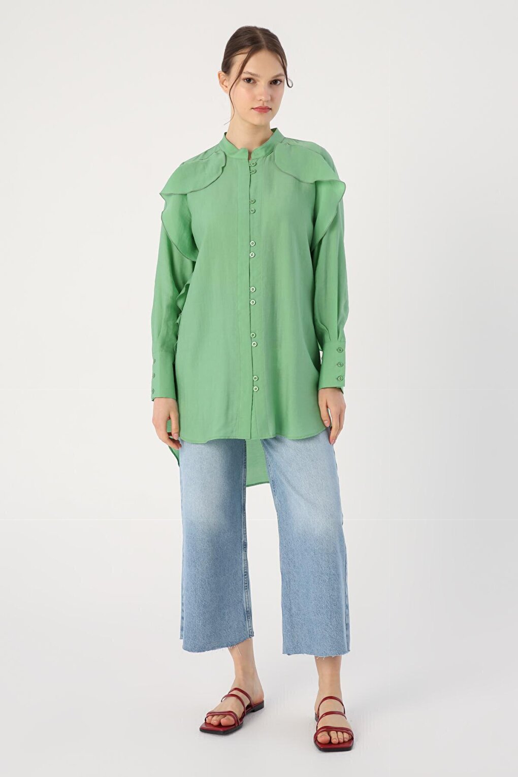 Light Green Flounce Detailed Shirt Tunic