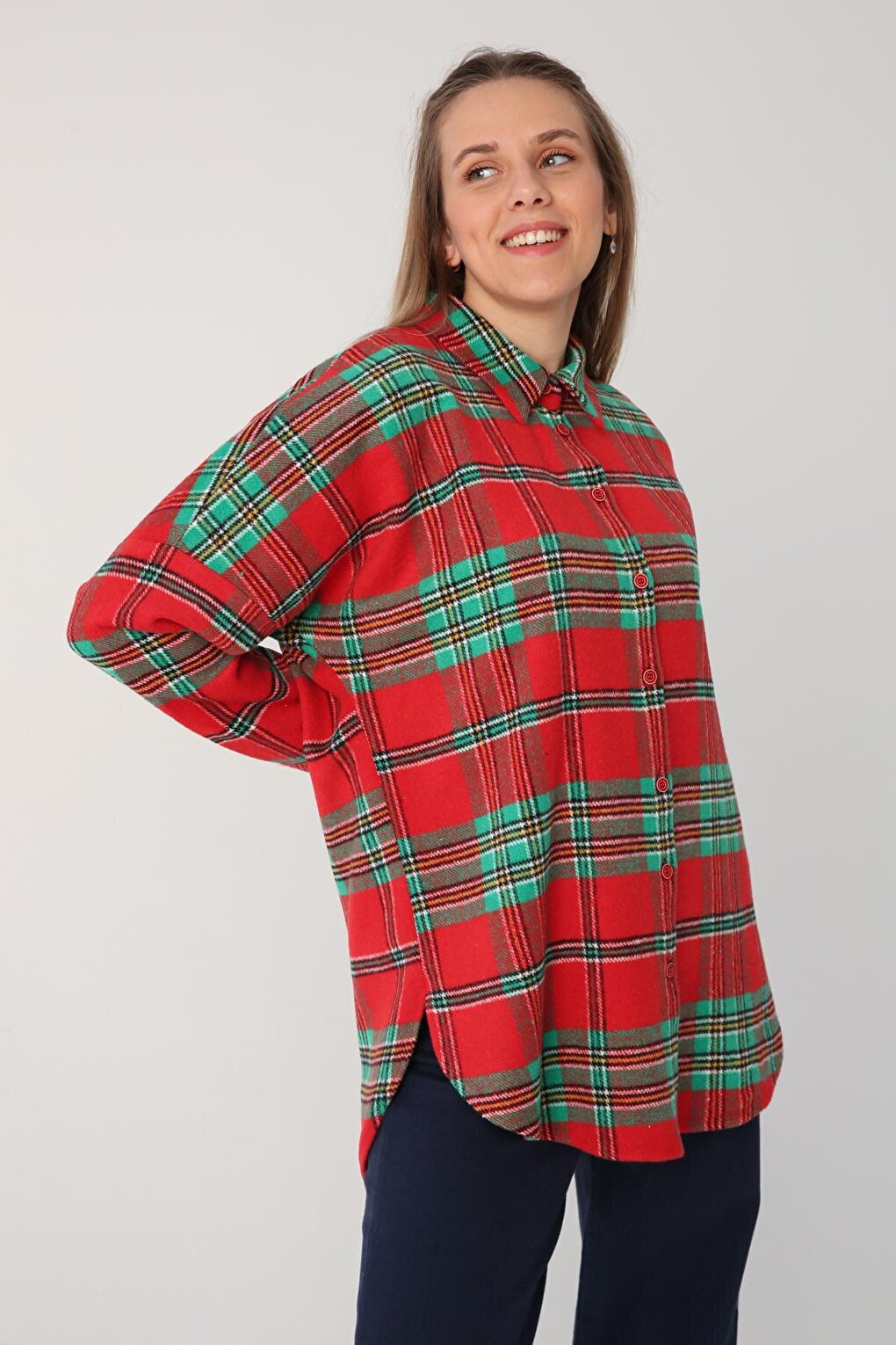 Red-Green Oversize Lumberjack Shirt Tunic