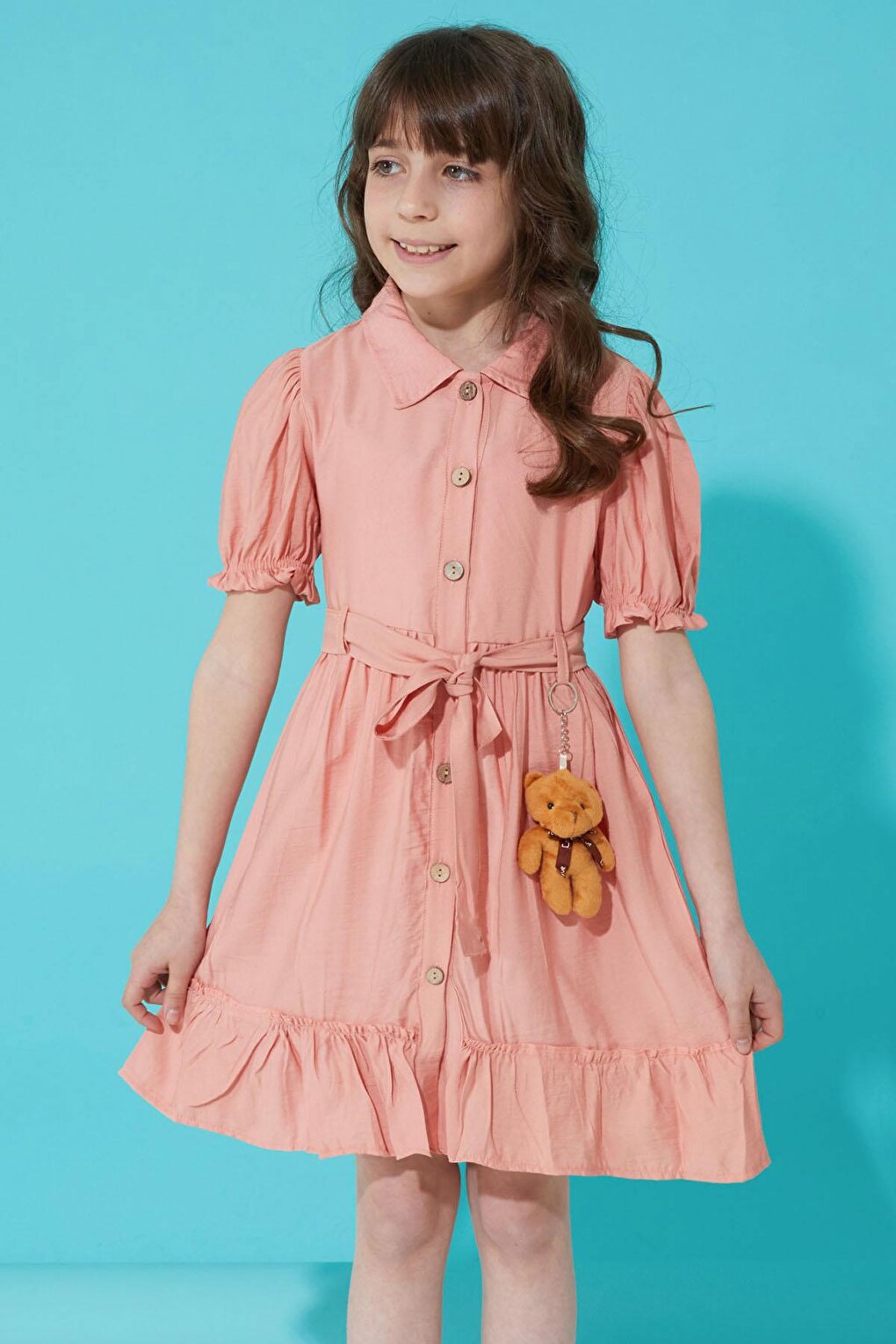 Salmon Buttoned Teddy Bear Short Sleeve Girl's Dress 15304