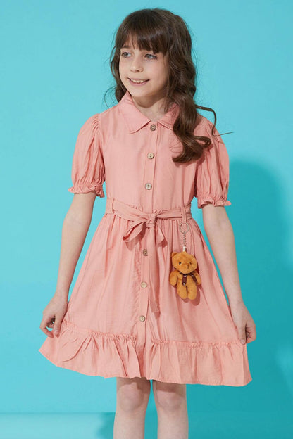 Salmon Buttoned Teddy Bear Short Sleeve Girl's Dress 15304