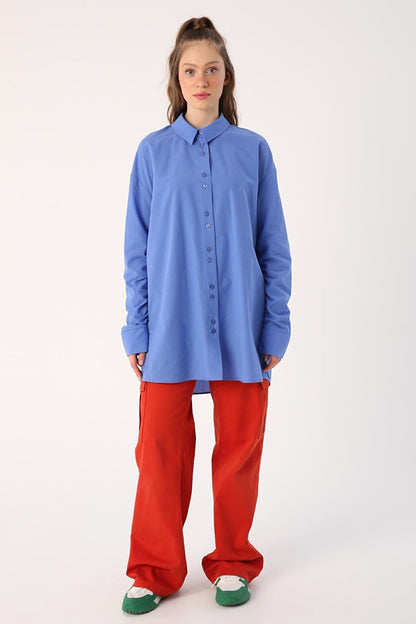 Blue 100% Cotton Oversize Sleeve Shirt Tunic with Gather Detail