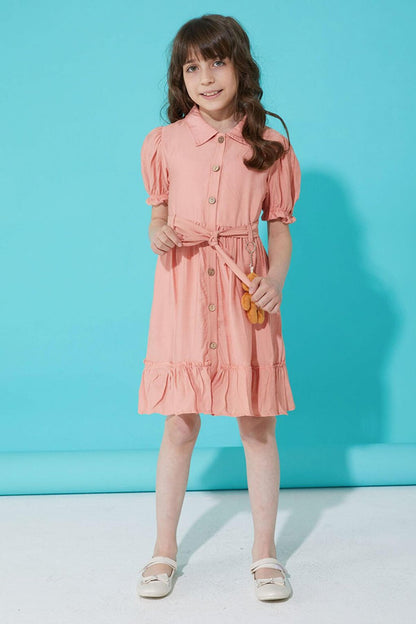 Salmon Buttoned Teddy Bear Short Sleeve Girl's Dress 15304