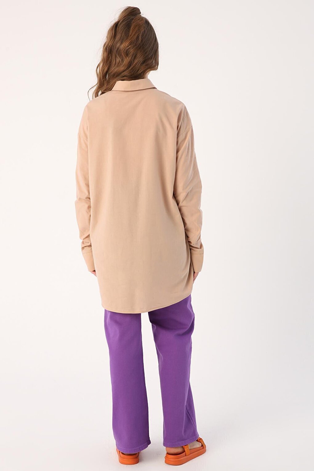 Beige 100% Cotton Oversize Sleeve Shirt Tunic with Gather Detail