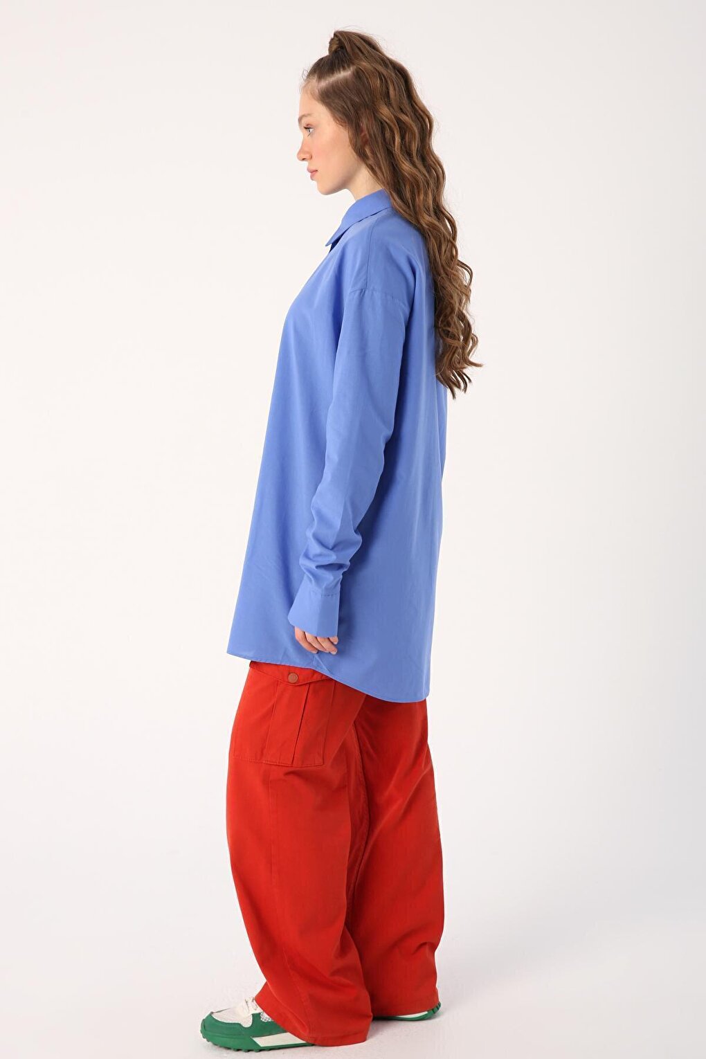 Blue 100% Cotton Oversize Sleeve Shirt Tunic with Gather Detail