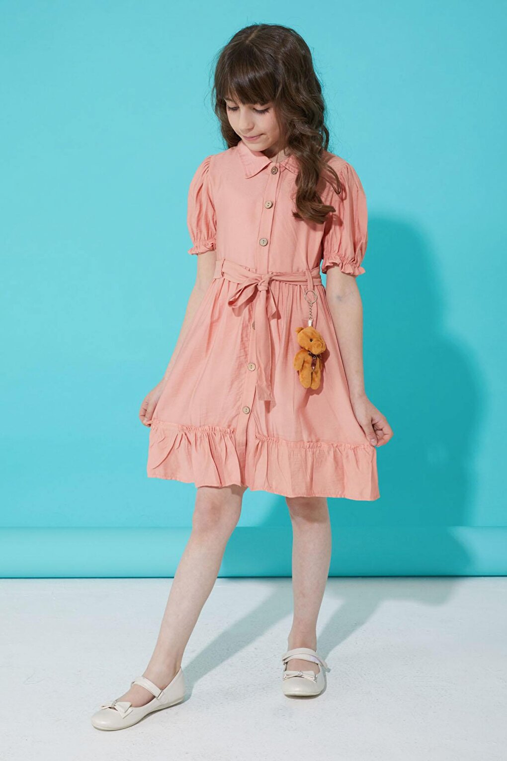 Salmon Buttoned Teddy Bear Short Sleeve Girl's Dress 15304