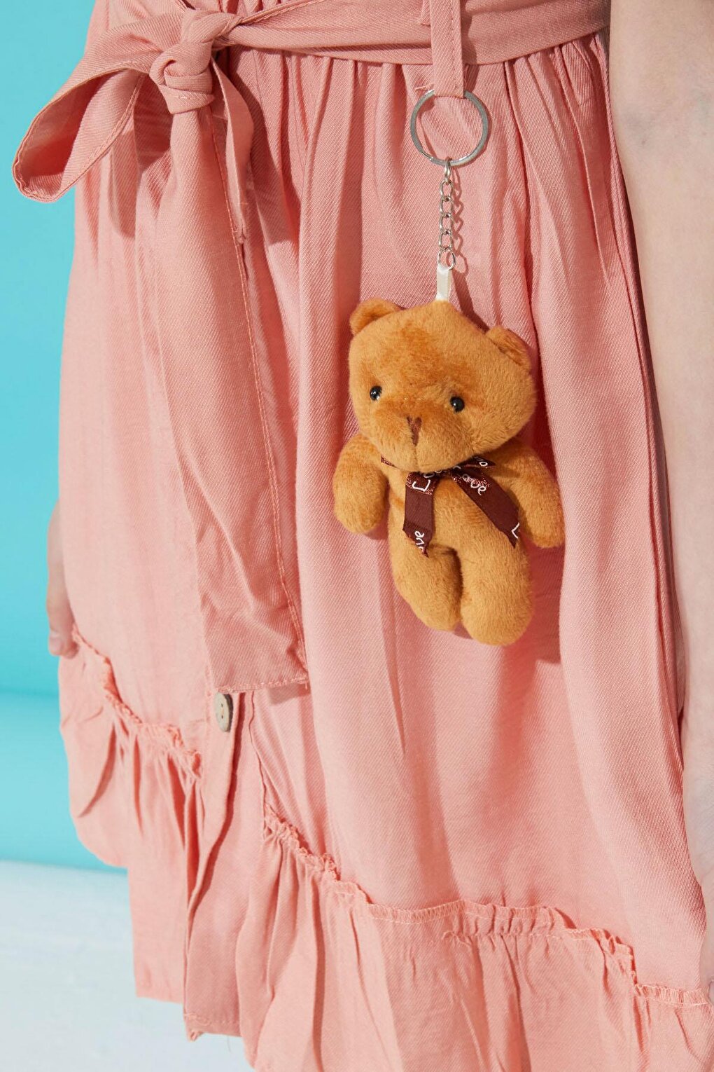 Salmon Buttoned Teddy Bear Short Sleeve Girl's Dress 15304