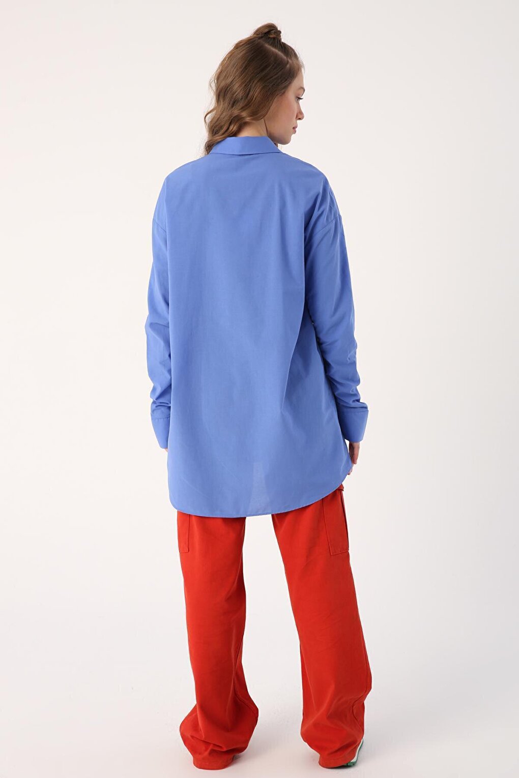 Blue 100% Cotton Oversize Sleeve Shirt Tunic with Gather Detail