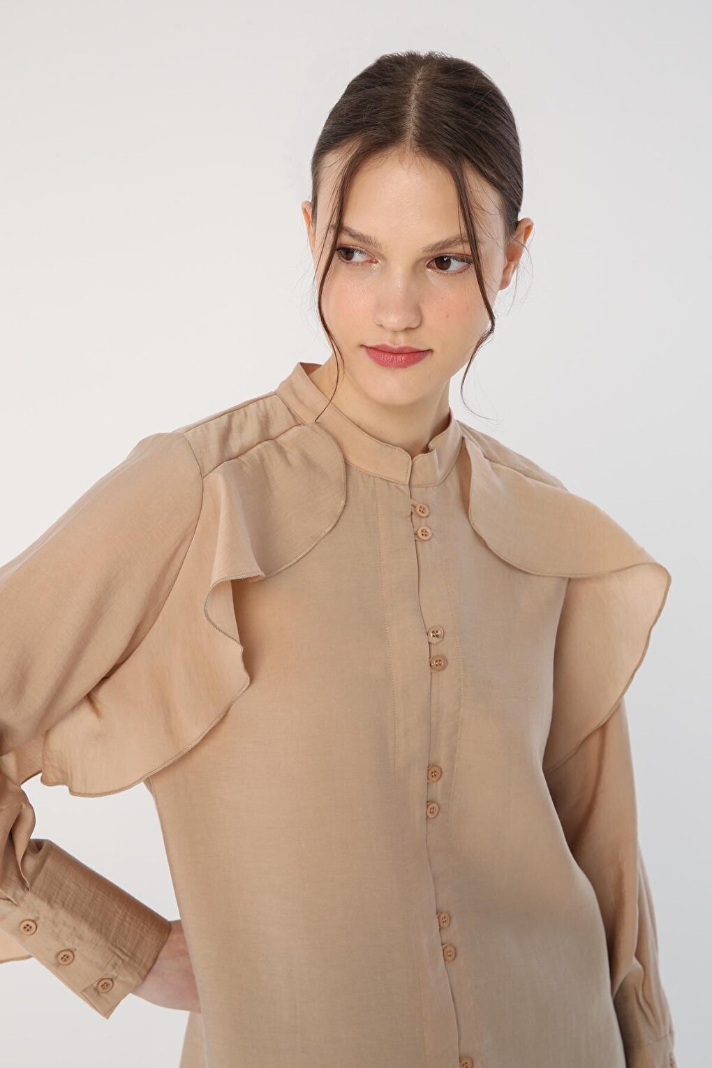 Dark Beige Flounce Detailed Shirt Tunic