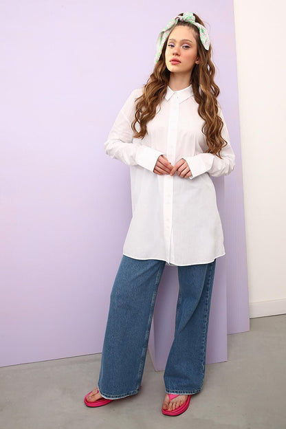 White 100% Cotton Oversize Sleeve Shirt Tunic with Gather Detail