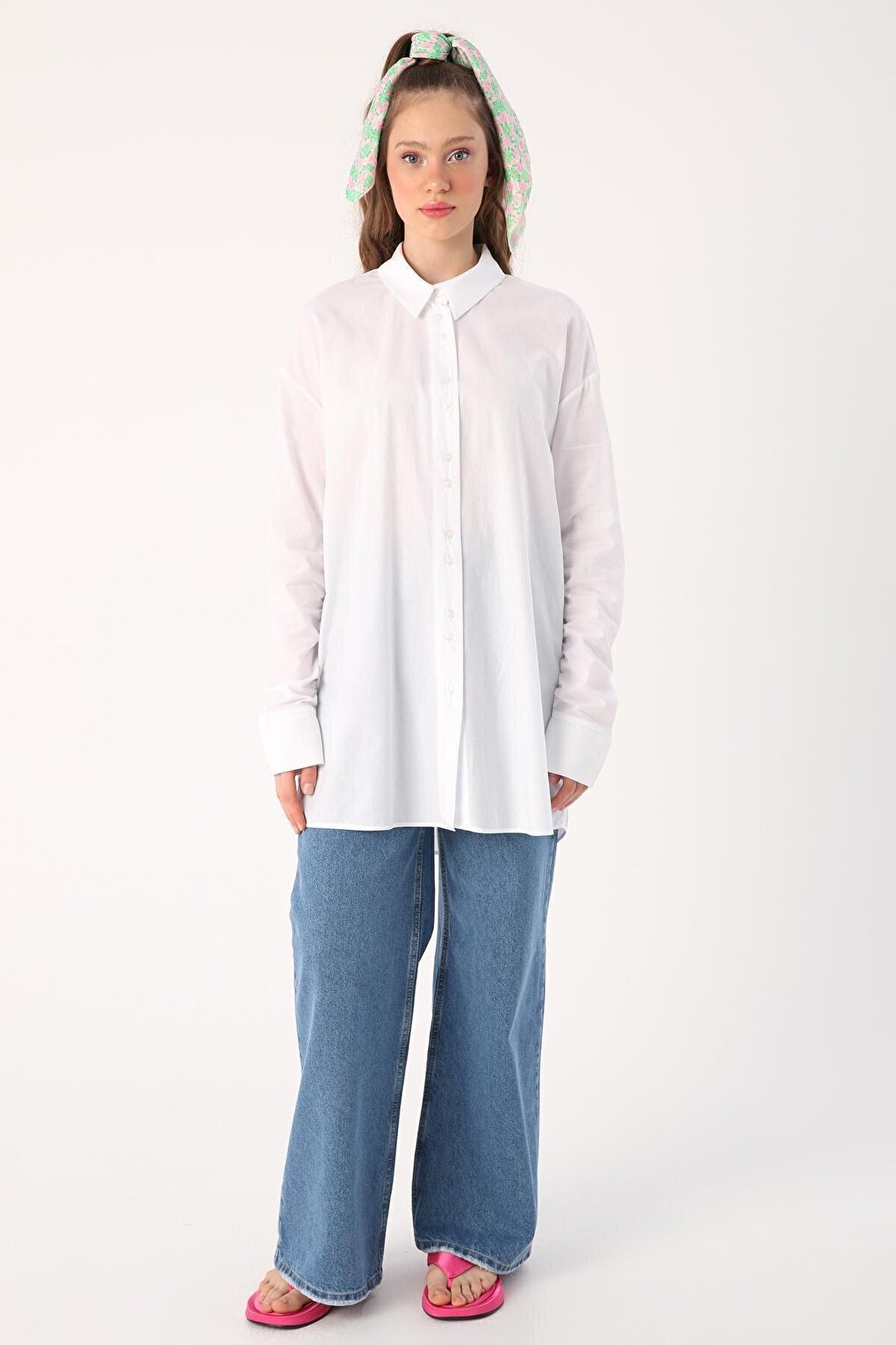 White 100% Cotton Oversize Sleeve Shirt Tunic with Gather Detail