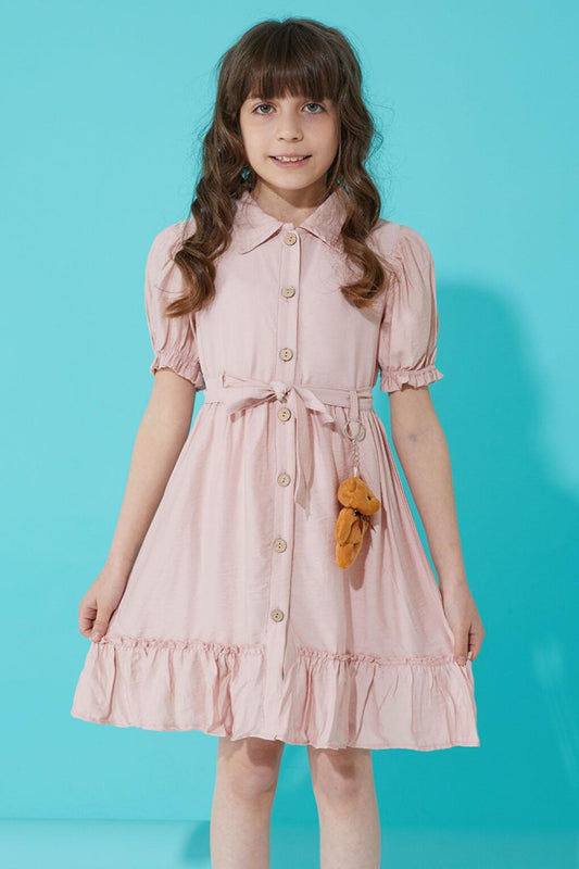 Pink Buttoned Teddy Bear Short Sleeve Girls Dress 15305