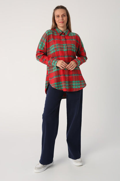 Red-Green Oversize Lumberjack Shirt Tunic