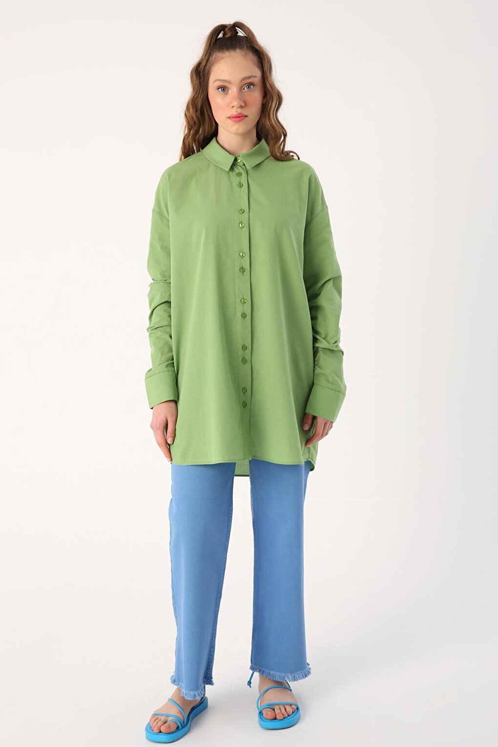 Light Green 100% Cotton Oversize Sleeve Shirt Tunic with Gather Detail