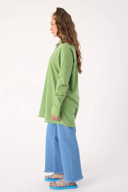 Light Green 100% Cotton Oversize Sleeve Shirt Tunic with Gather Detail