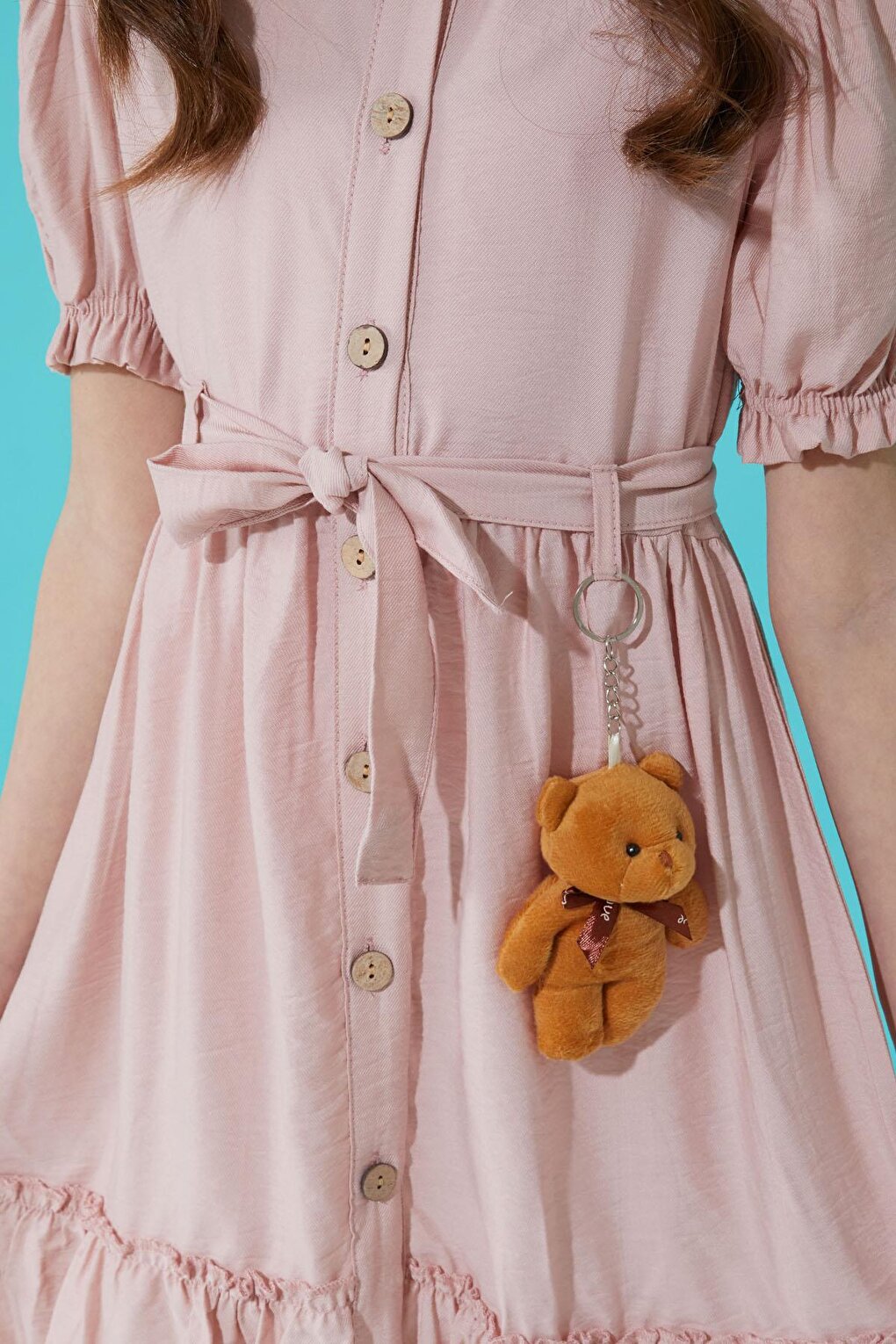 Pink Buttoned Teddy Bear Short Sleeve Girls Dress 15305