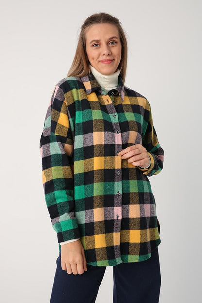 Green-Navy Blue Oversize Lumberjack Shirt Tunic