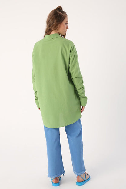 Light Green 100% Cotton Oversize Sleeve Shirt Tunic with Gather Detail