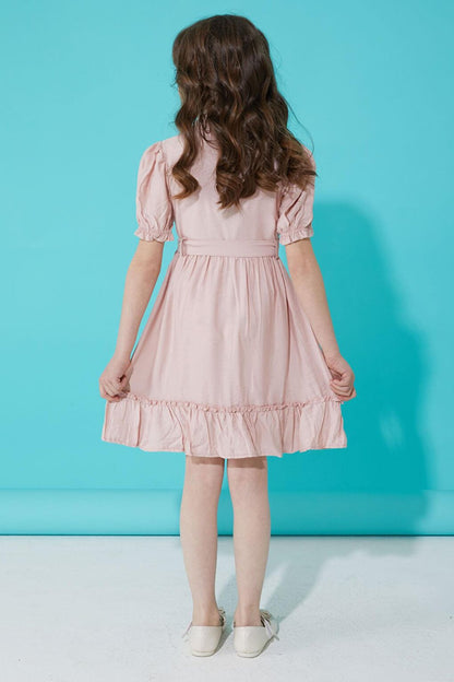 Pink Buttoned Teddy Bear Short Sleeve Girls Dress 15305