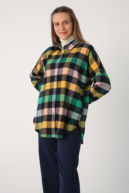 Green-Navy Blue Oversize Lumberjack Shirt Tunic