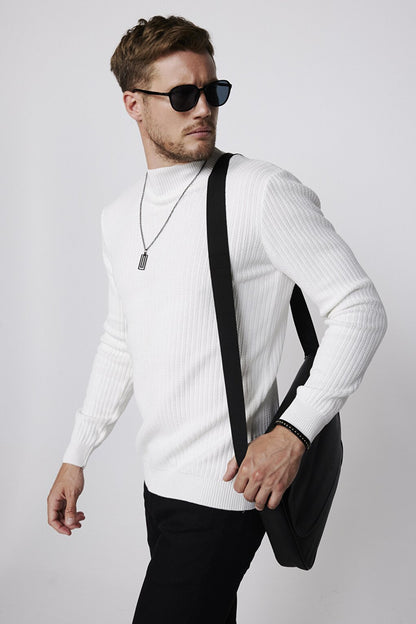 Slim Fit Half Turtleneck White Men's Sweater Without Pilling