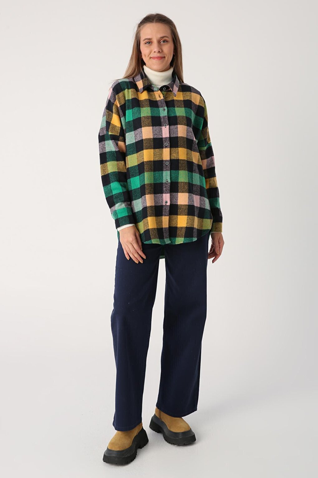 Green-Navy Blue Oversize Lumberjack Shirt Tunic