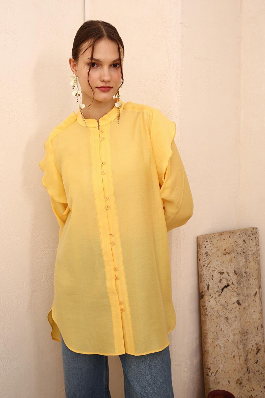 Yellow Flounce Detailed Shirt Tunic