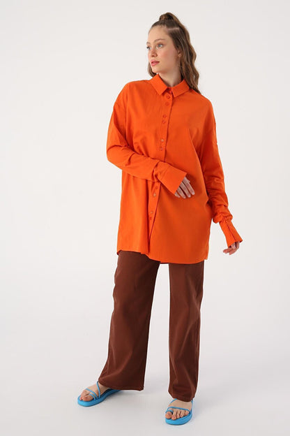 Orange 100% Cotton Oversize Sleeve Shirt Tunic with Gather Detail