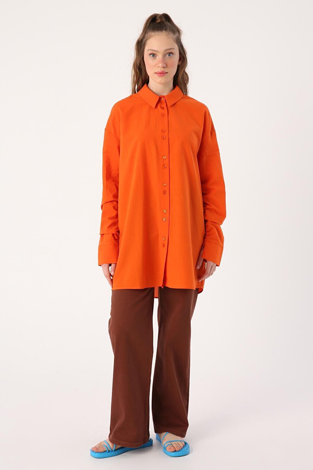 Orange 100% Cotton Oversize Sleeve Shirt Tunic with Gather Detail