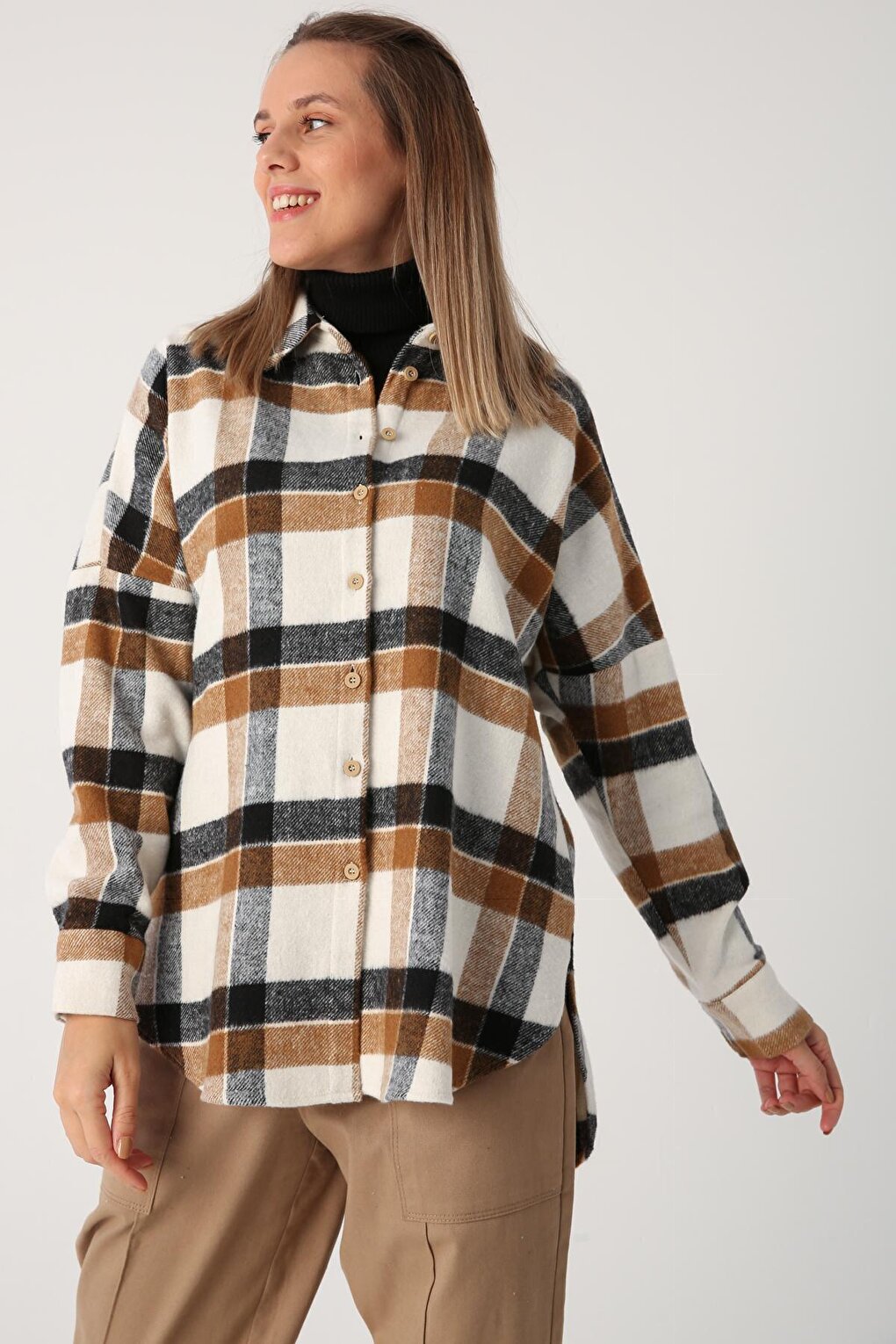 Ecru-Black Oversized Lumberjack Shirt Tunic