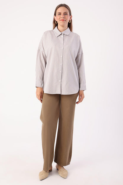 Beige-White Oversize Basic Shirt