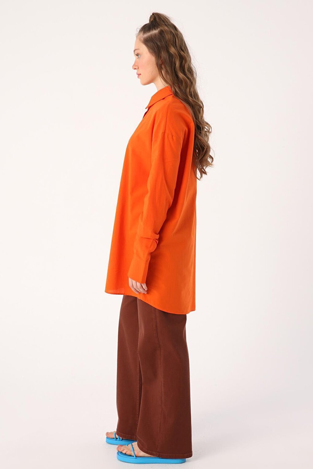 Orange 100% Cotton Oversize Sleeve Shirt Tunic with Gather Detail