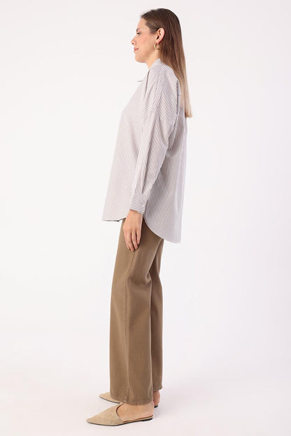 Beige-White Oversize Basic Shirt