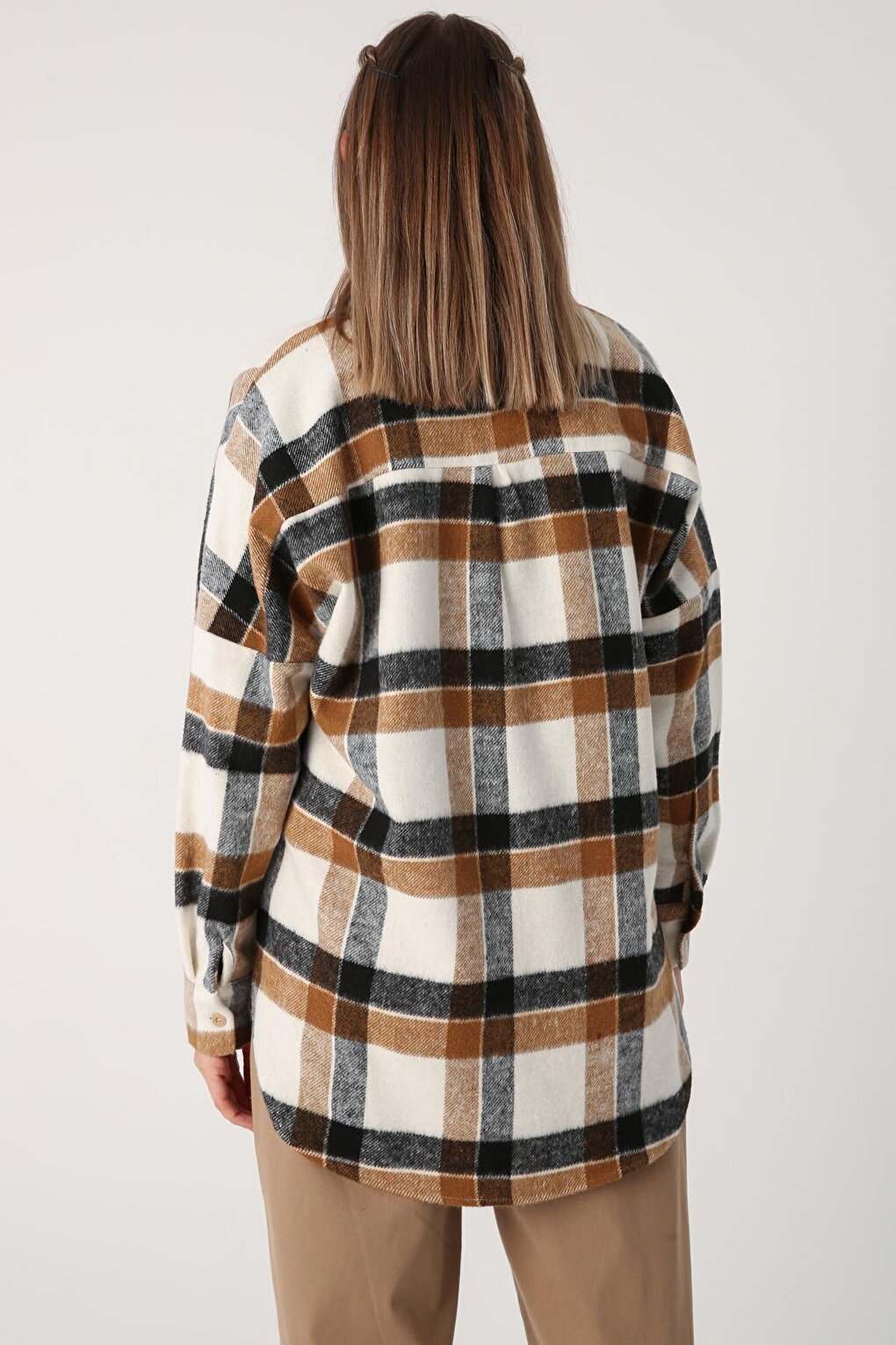 Ecru-Black Oversized Lumberjack Shirt Tunic