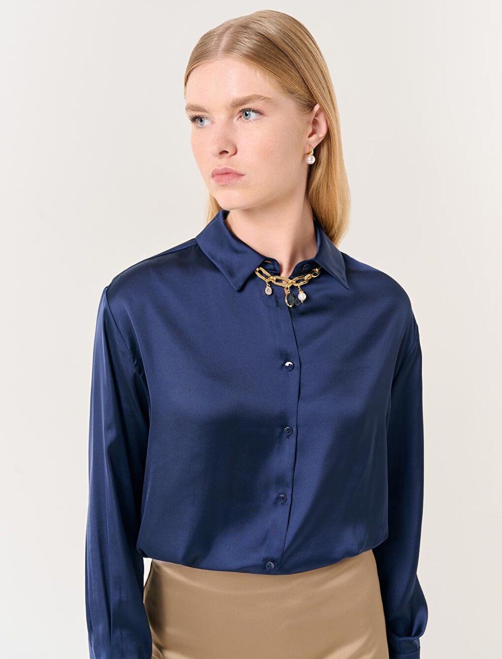 Navy Blue Long Sleeve Satin Shirt