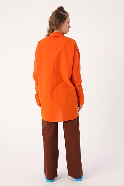 Orange 100% Cotton Oversize Sleeve Shirt Tunic with Gather Detail