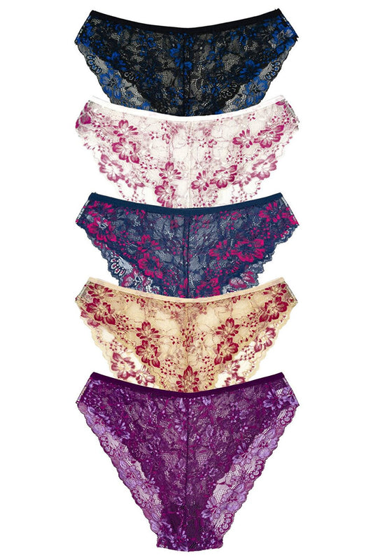 Double Color Lace High Waist Women's Panties 5-Piece