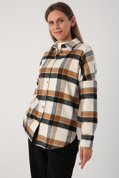 Ecru-Mustard Oversize Lumberjack Shirt Tunic