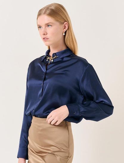 Navy Blue Long Sleeve Satin Shirt