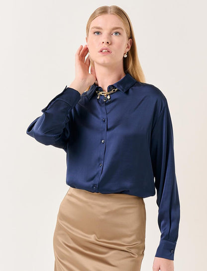 Navy Blue Long Sleeve Satin Shirt