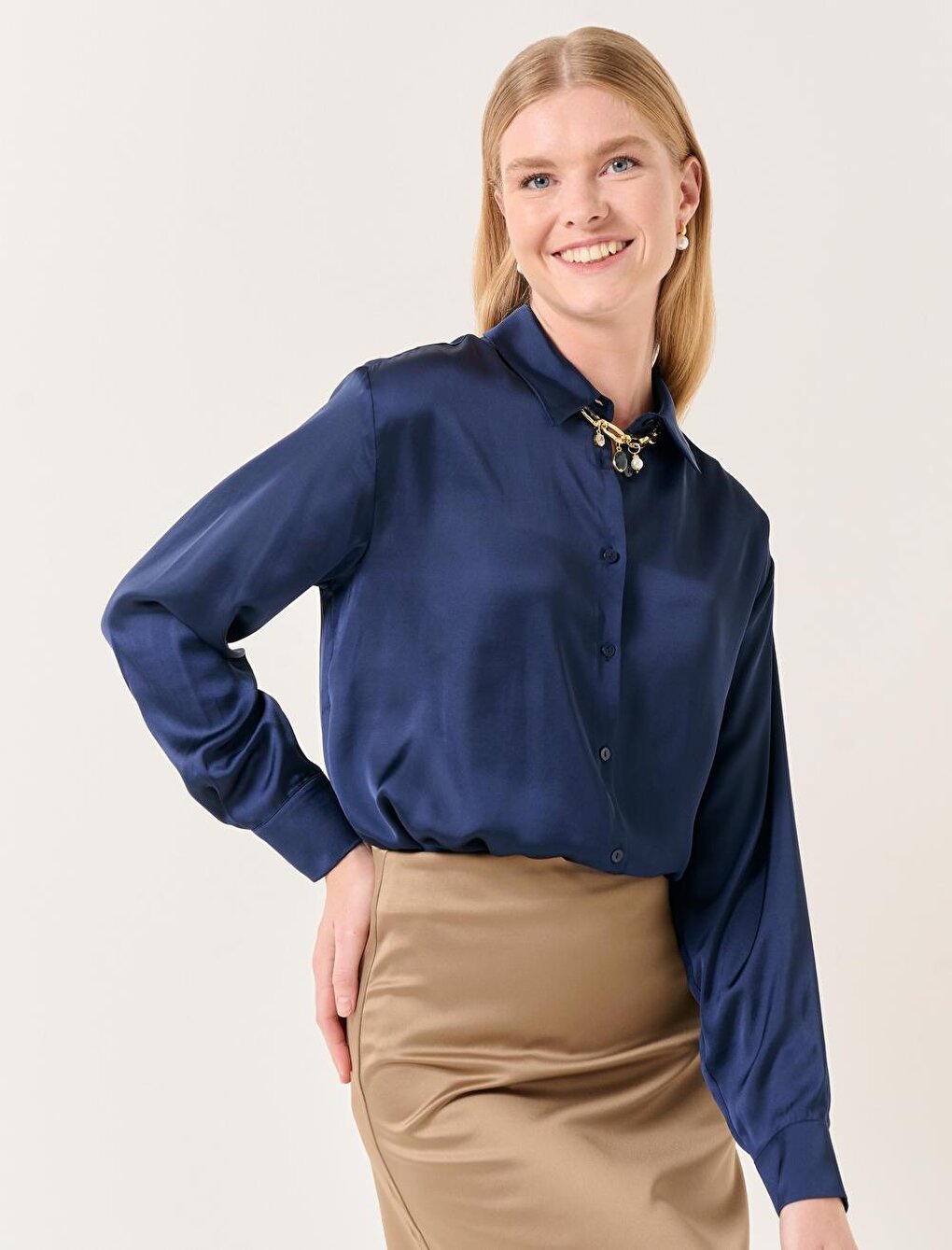 Navy Blue Long Sleeve Satin Shirt