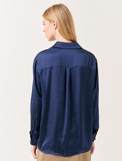 Navy Blue Long Sleeve Satin Shirt