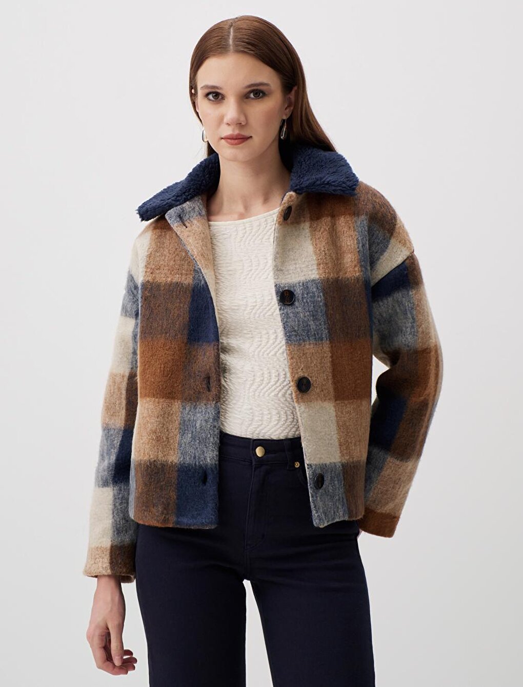 Mixed Long Sleeve Checked Patterned Cashmere Jacket