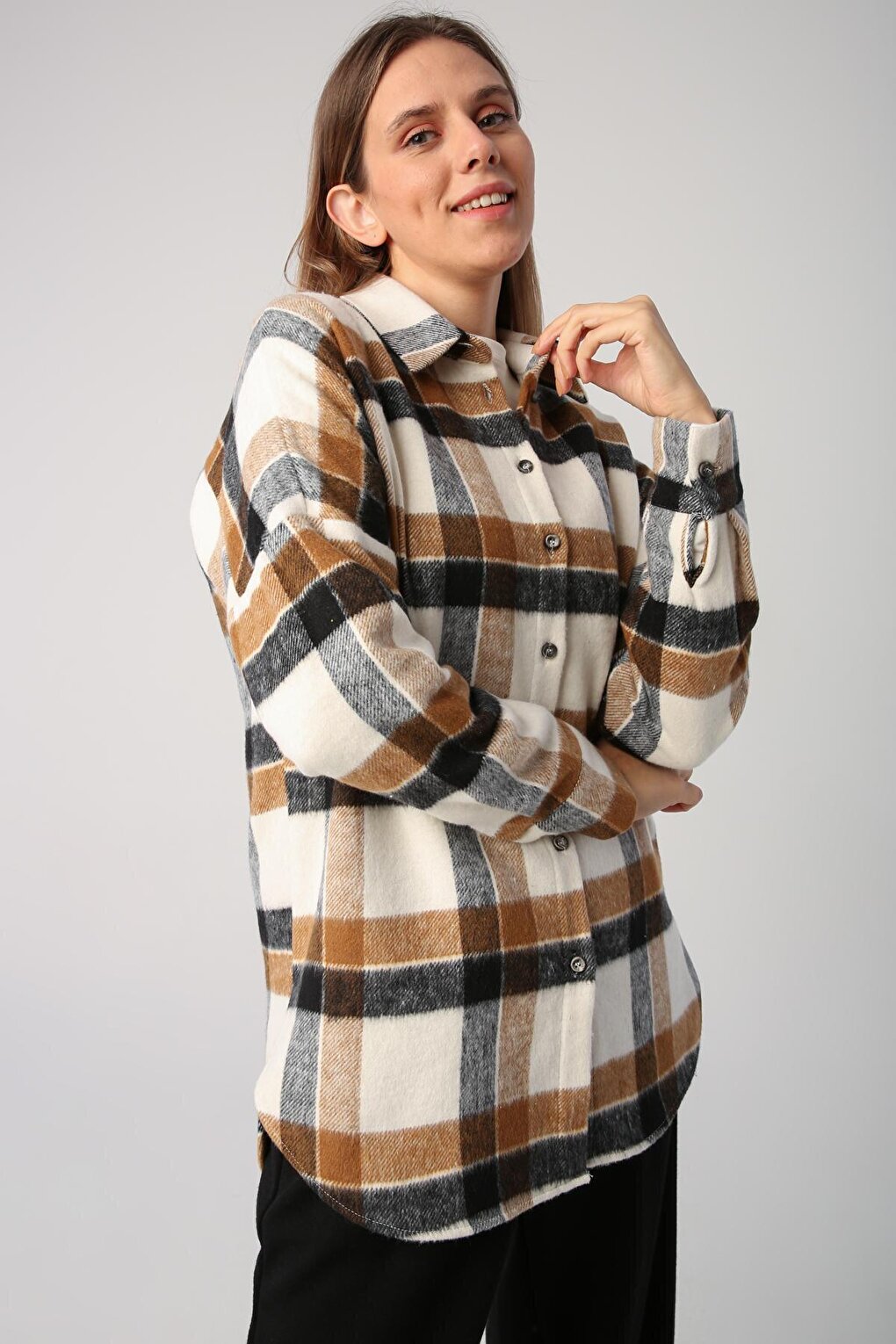 Ecru-Mustard Oversize Lumberjack Shirt Tunic