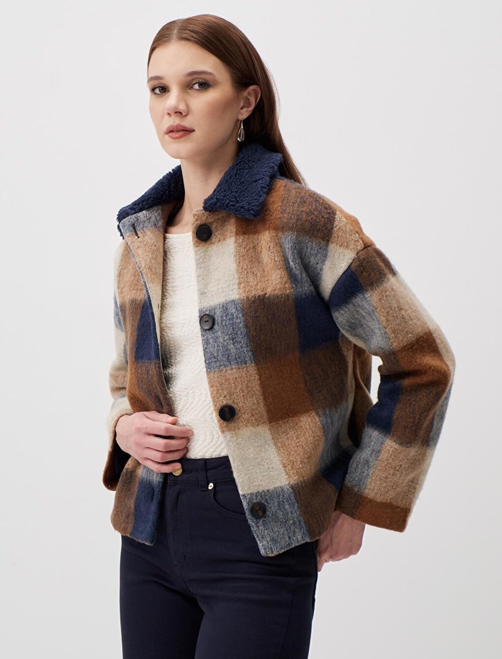 Mixed Long Sleeve Checked Patterned Cashmere Jacket