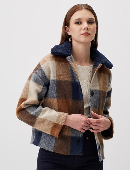 Mixed Long Sleeve Checked Patterned Cashmere Jacket