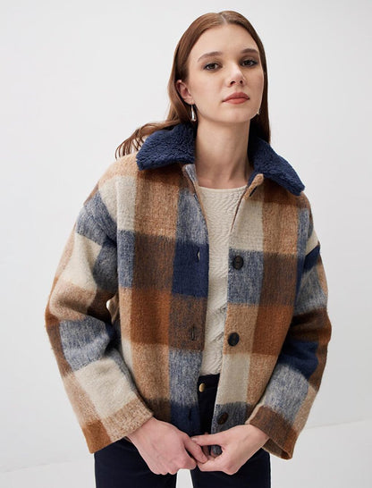 Mixed Long Sleeve Checked Patterned Cashmere Jacket