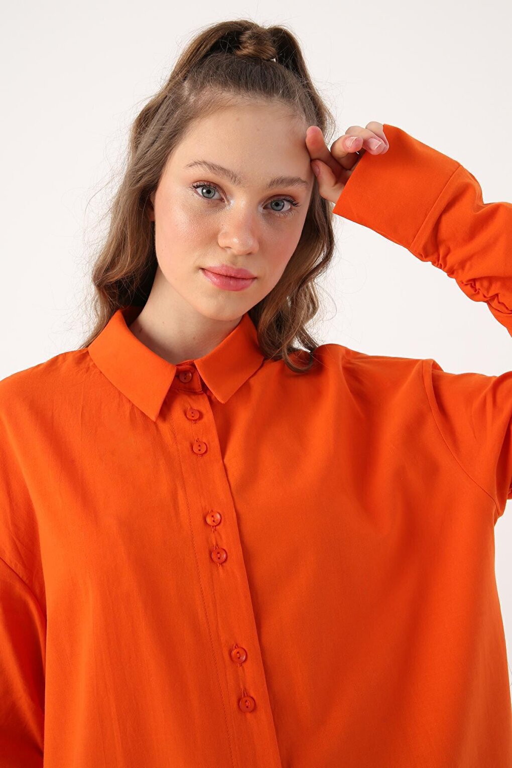 Orange 100% Cotton Oversize Sleeve Shirt Tunic with Gather Detail