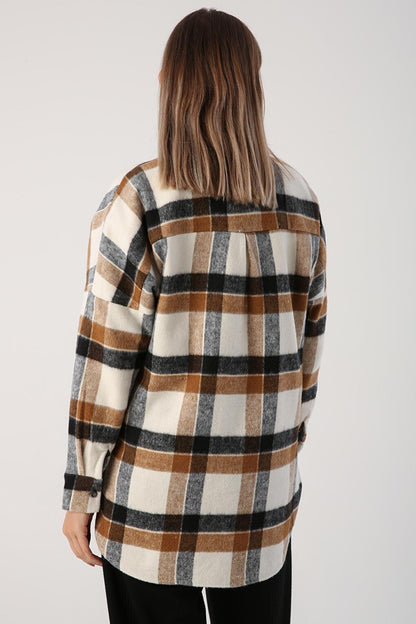 Ecru-Mustard Oversize Lumberjack Shirt Tunic