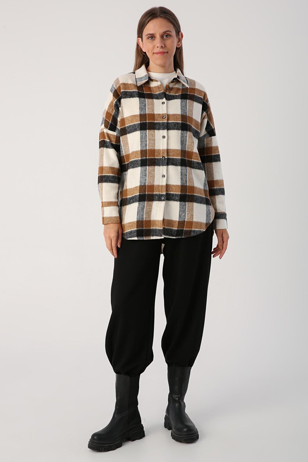 Ecru-Mustard Oversize Lumberjack Shirt Tunic