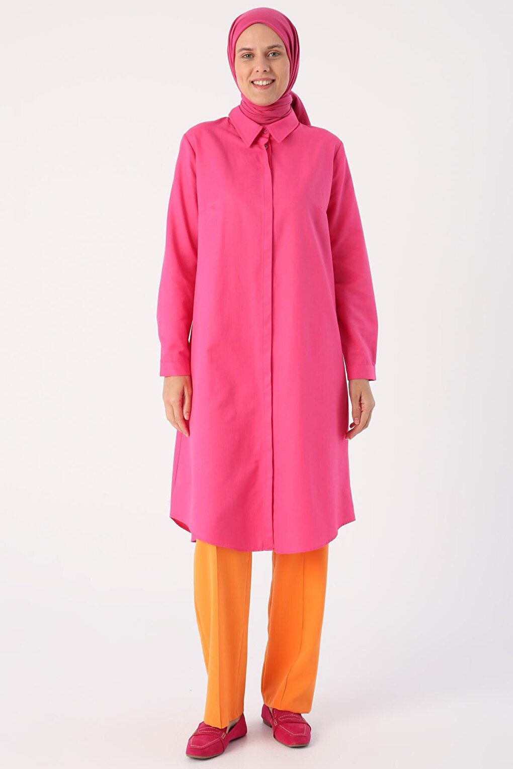 Fuchsia Basic Hidden Placket Long Shirt